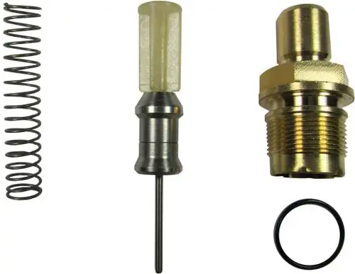 Bosch Wassermengenregler bestehend aus einer Feder, einem Stahlkörper mit einem langen Stift und einem Anschlussstück, ergänzt durch einen O-Ring.